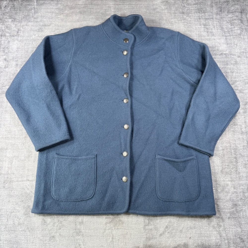 LL Bean Sweater Womens 2X Blue Wool Cardigan Mock Neck Ornate Button Pocket